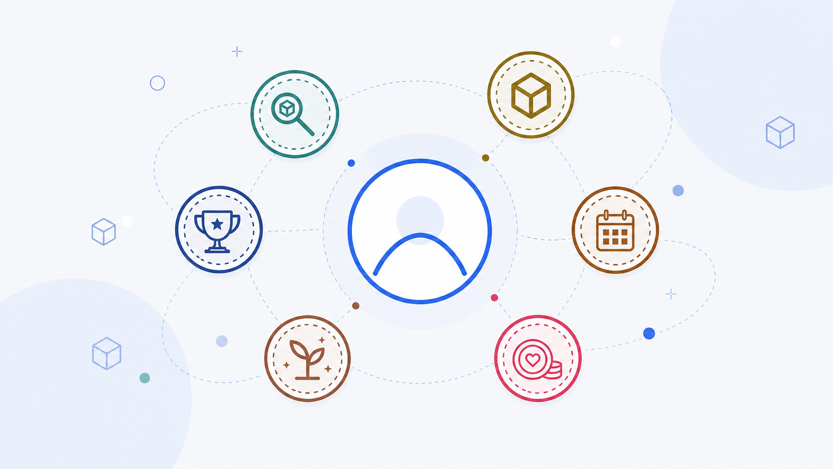 Contributor identity medallion surrounded by package and badge symbols.