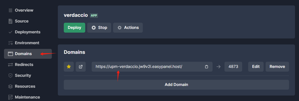 EasyPanel verdaccio domains tab